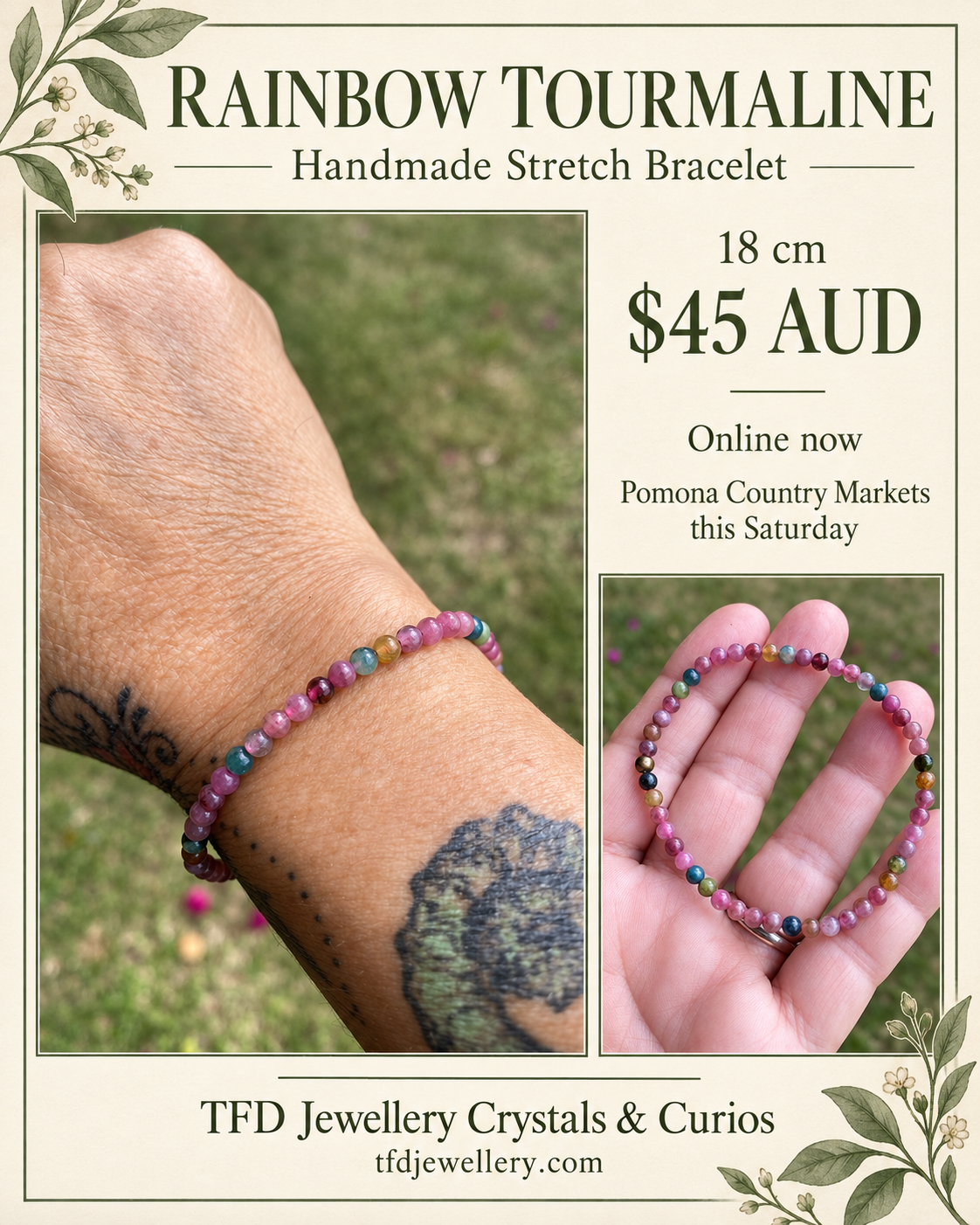 Handmade Rainbow Tourmaline Stretch Bracelet 18 cm
