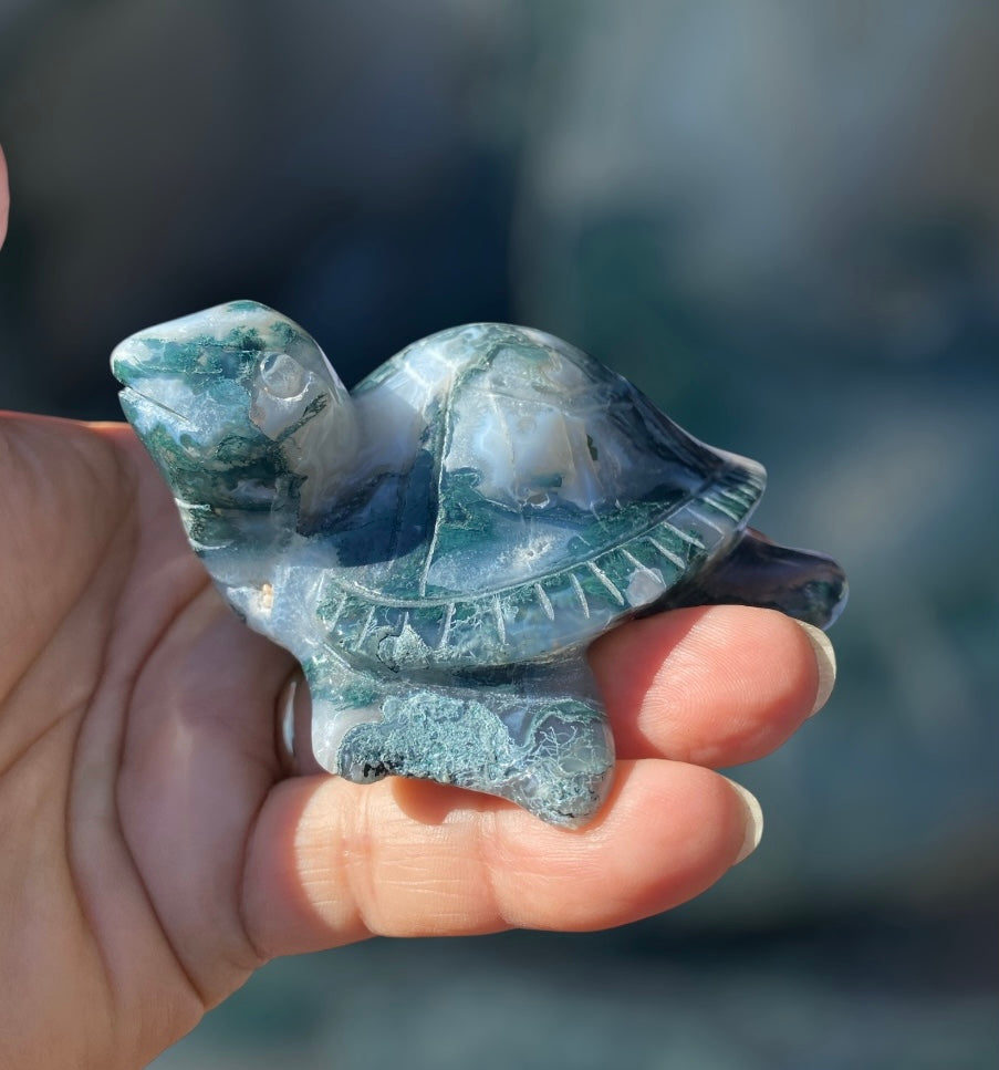 Natural Moss Agate Crystal Carved Sea Turtle