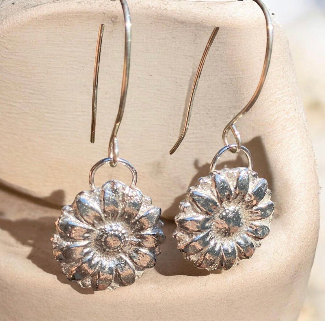 Handcrafted Sand Cast Everlasting Daisy Sterling Silver Earrings
