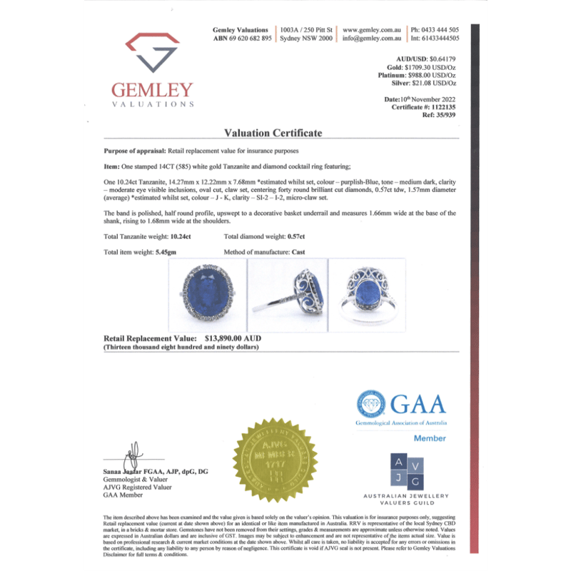 14K White Gold 10.24ct Tanzanite & Diamond Statement Ring