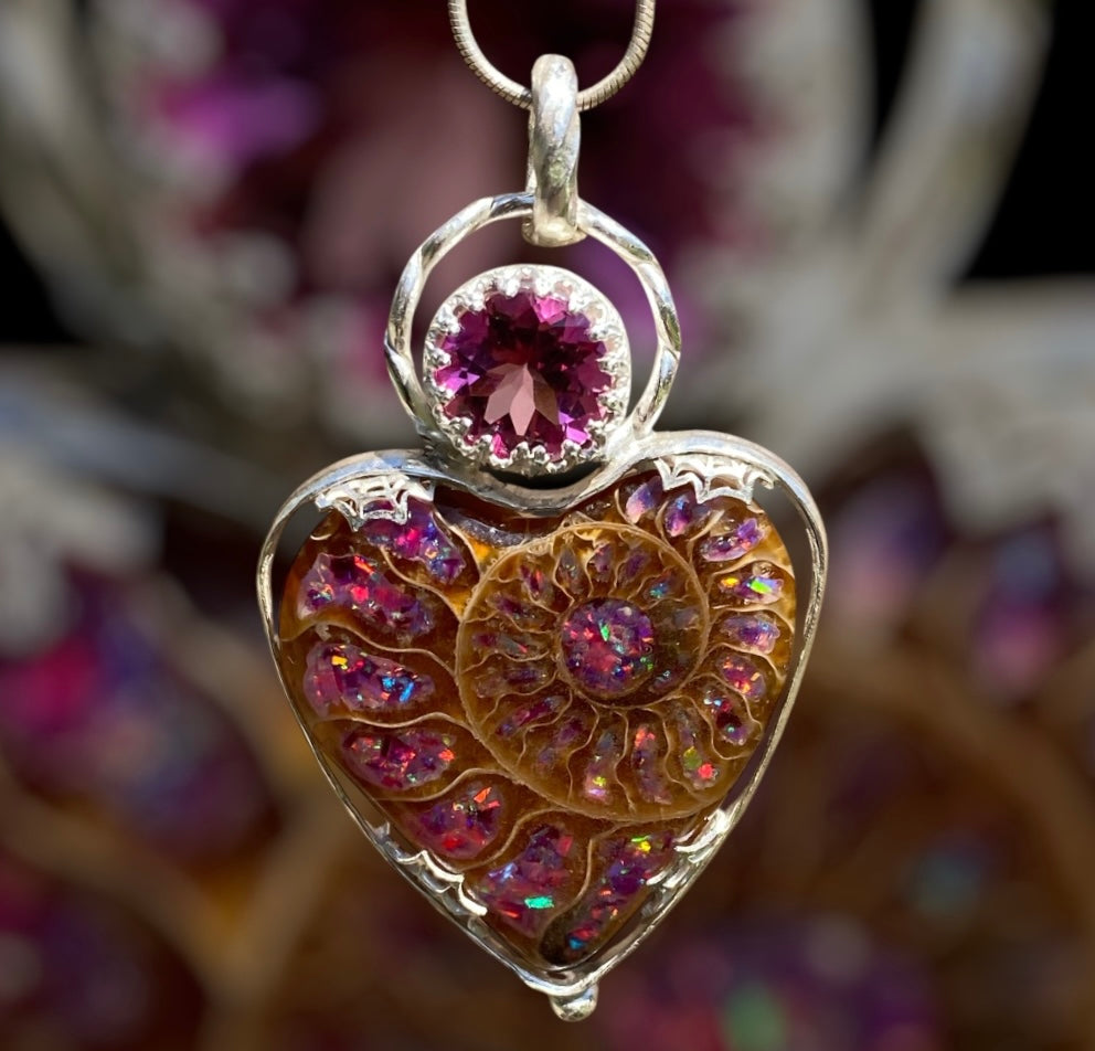 Ammonite & Pink Topaz Sterling Silver Pendant – Handcrafted Statement Necklace