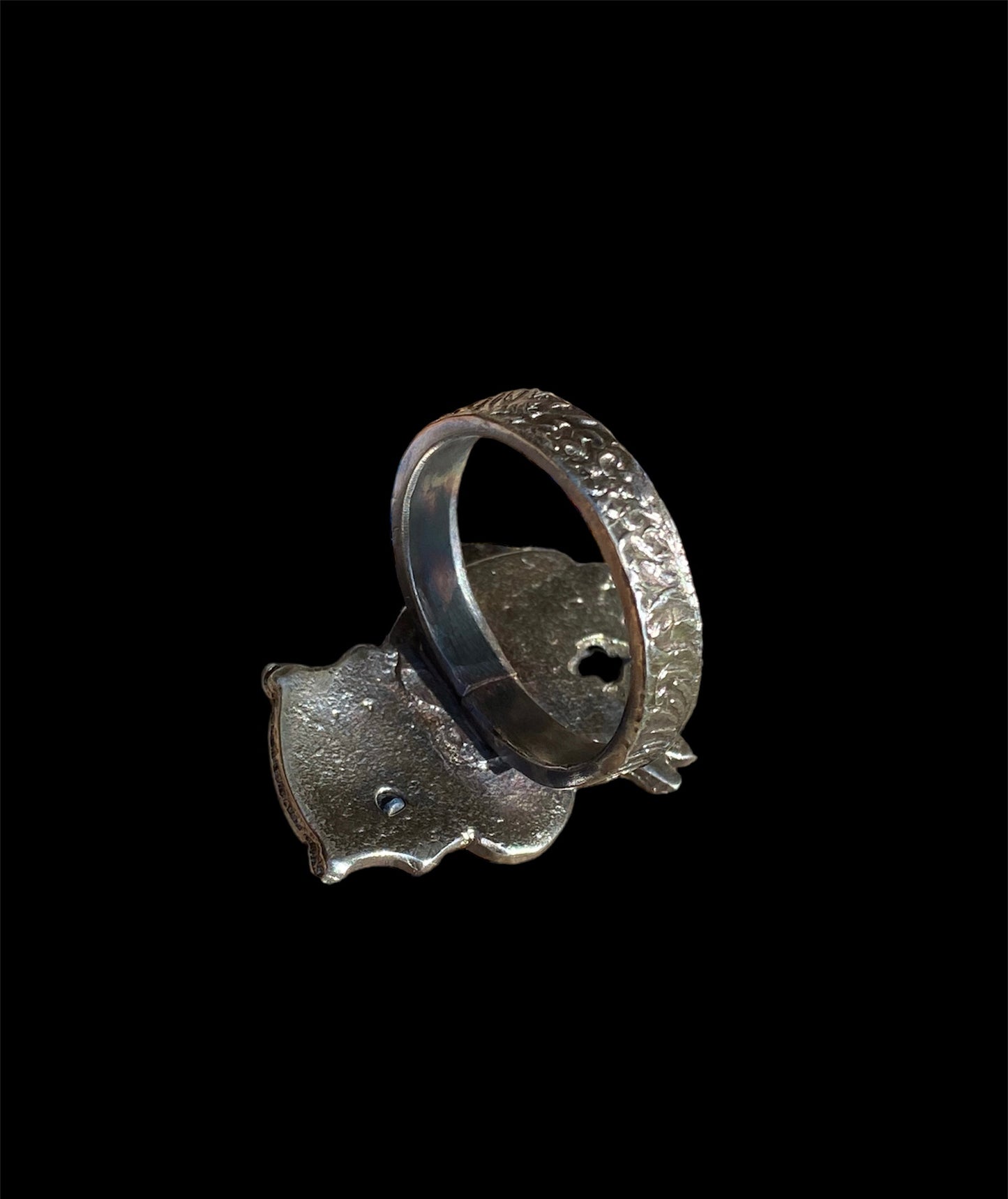 Unique Handcrafted Owl Ring with Raw Queensland Sapphire Eyes - Sand Casting Sterling Silver
