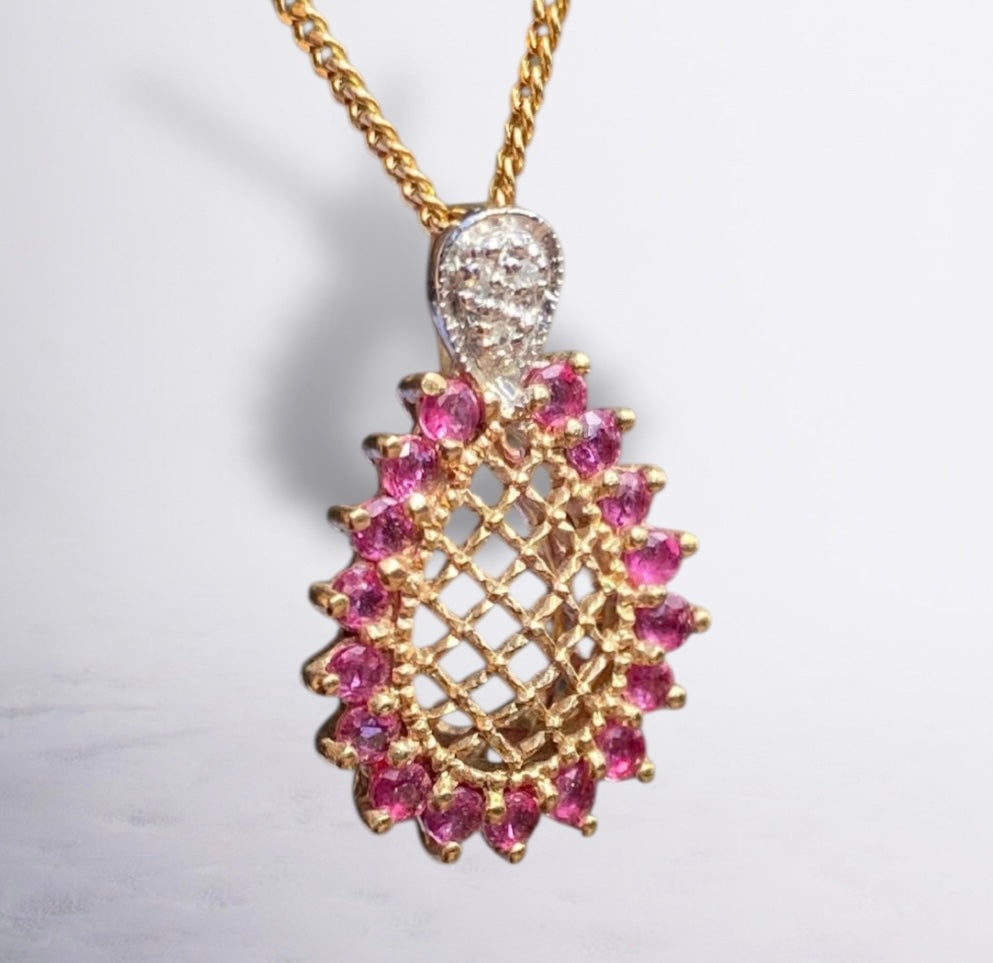 Intricate 10K Natural Ruby Filigree Lattice and Diamond Pendant