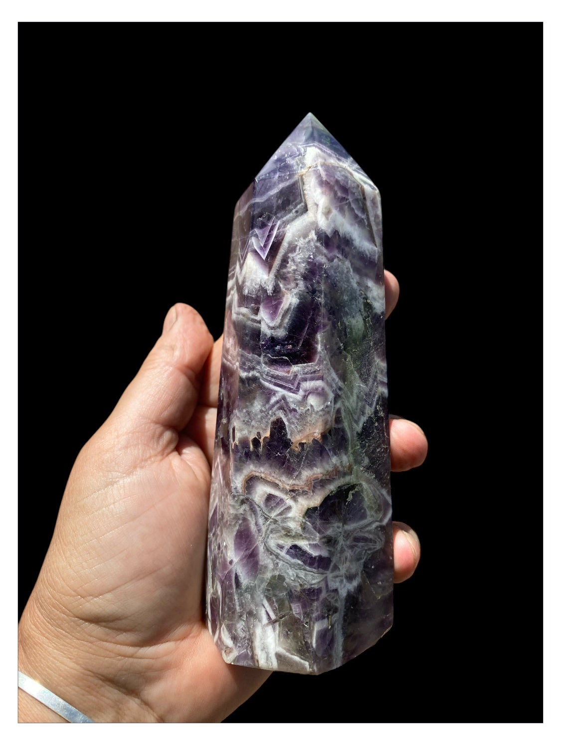 Natural Chevron Amethyst Gemstone Tower Obelisk sold