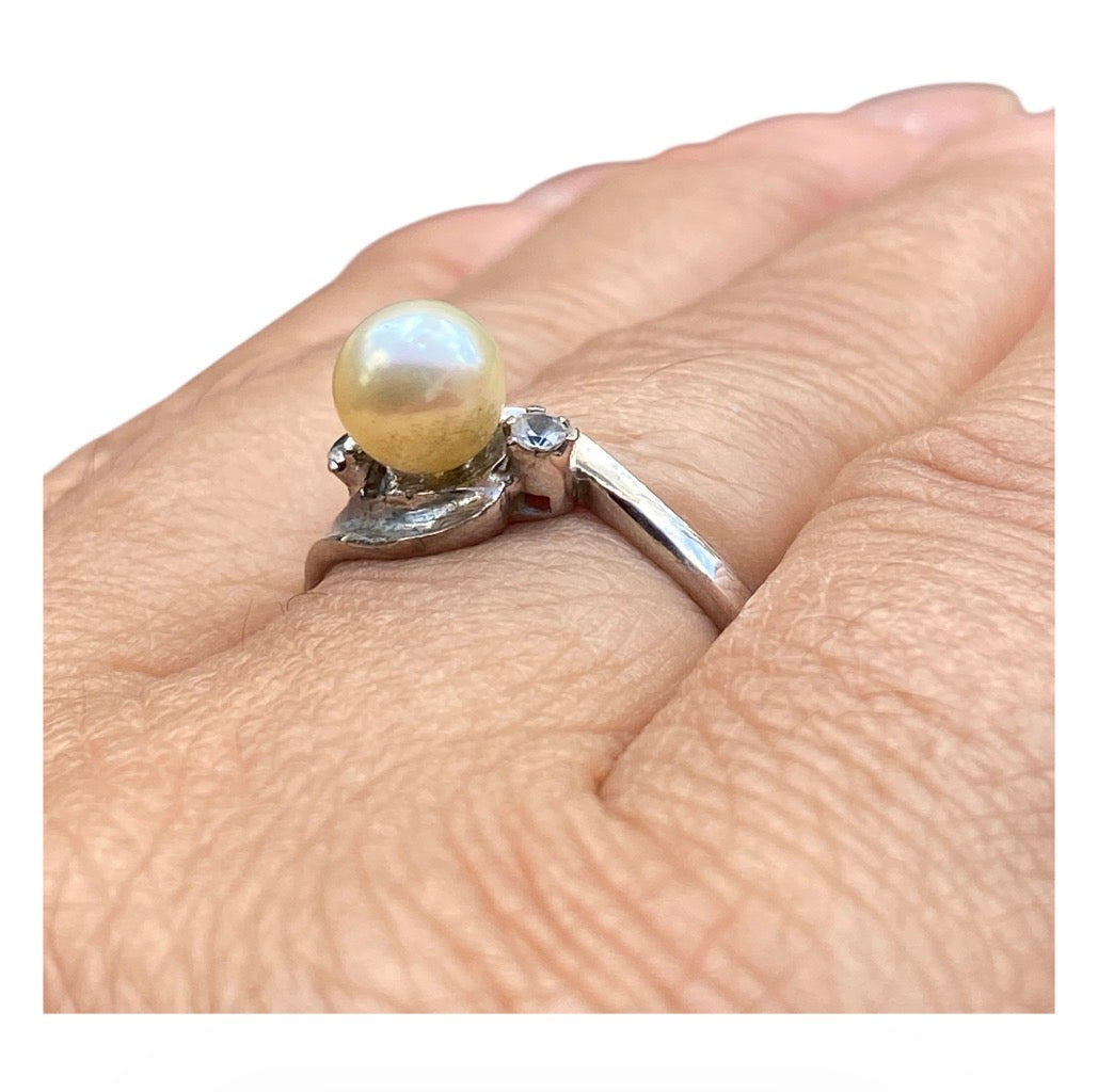 Vintage Akoya Pearl & Diamond Ring 9ct White Gold Australian Estate