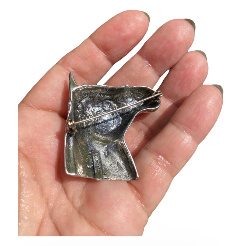 Vintage Sterling Silver Horse Head Brooch Sculptural Equestrian Statement Pin