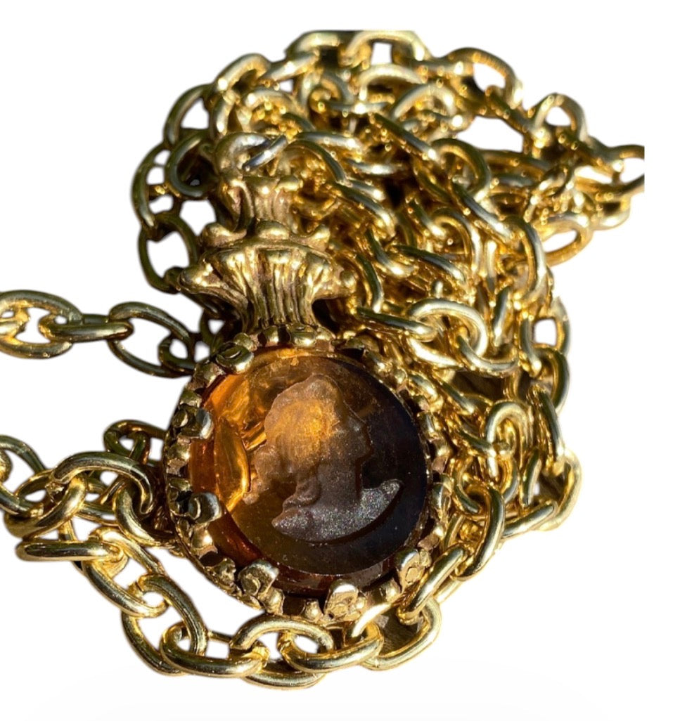 19th Century French Cameo Pendant Necklace – Smoky Quartz Intaglio, Antique Bronze Chain