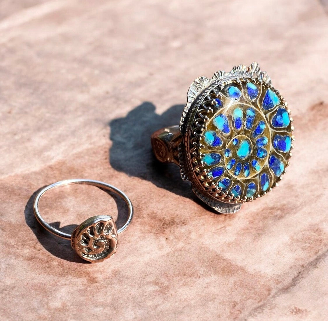 Sterling Silver Ammonite Fossil Ring Lapis Turquoise Inlay Vintage Spoon Band