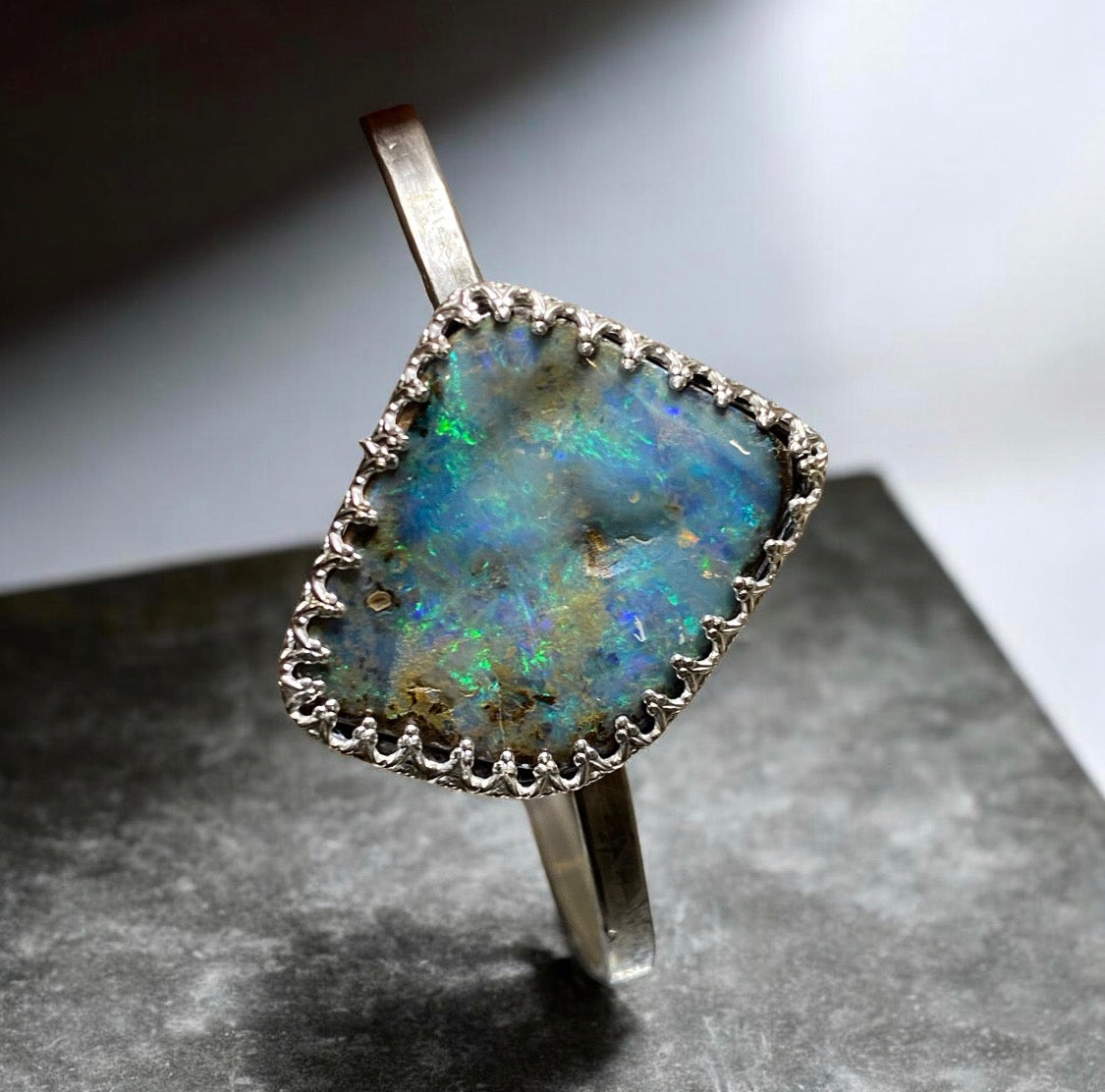Sterling Silver Boulder Opal Cuff Bracelet One of a Kind Artisan Statement
