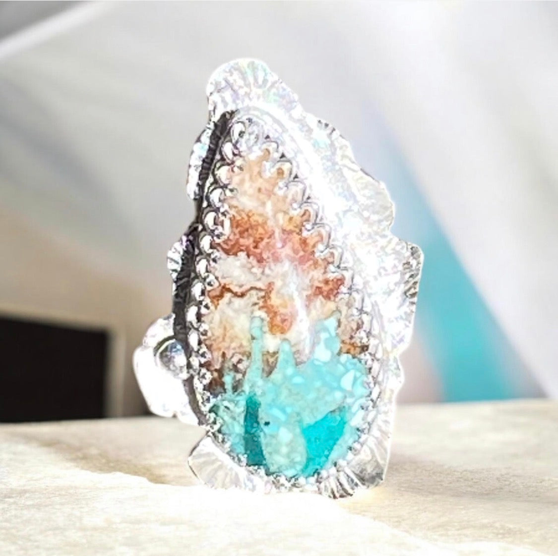 Handcrafted Bacon Opal & Turquoise Sterling Silver Statement Ring