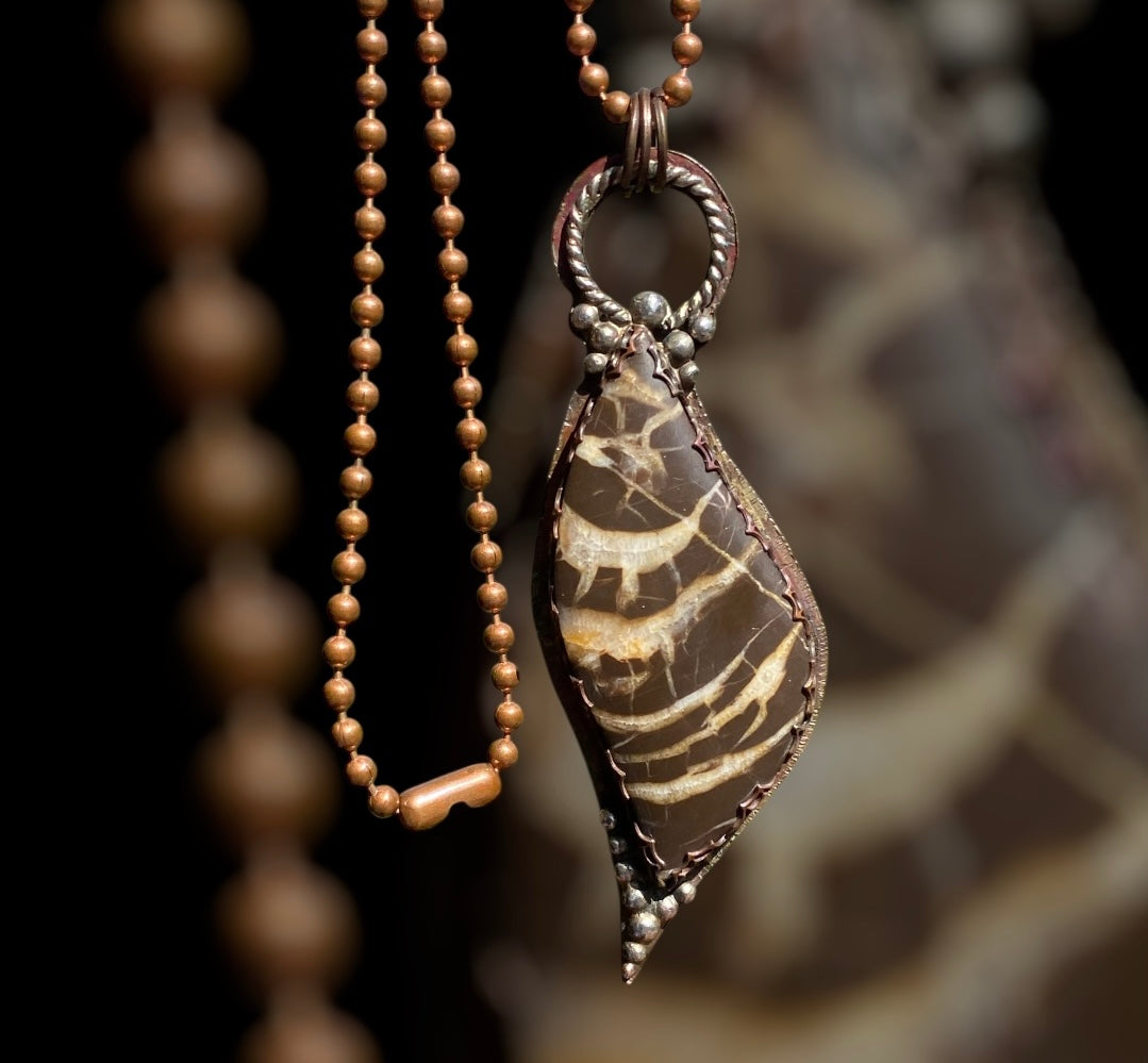 Handmade Septarian Dragon Stone Nodule Copper and Silver Pendant