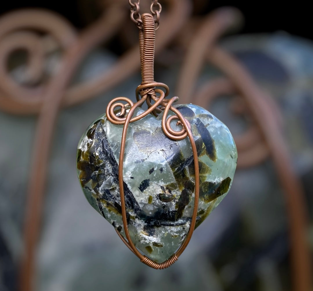 Prehnite Heart Copper Wrap Pendant