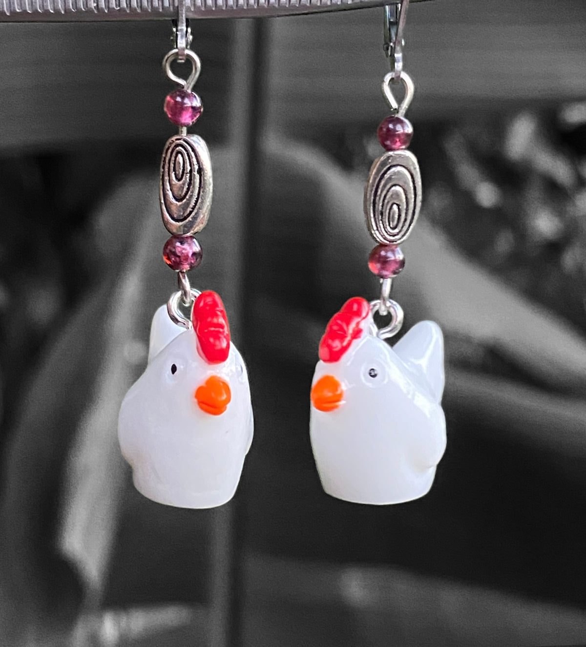 Handcrafted Chicken & Gemstone Earrings