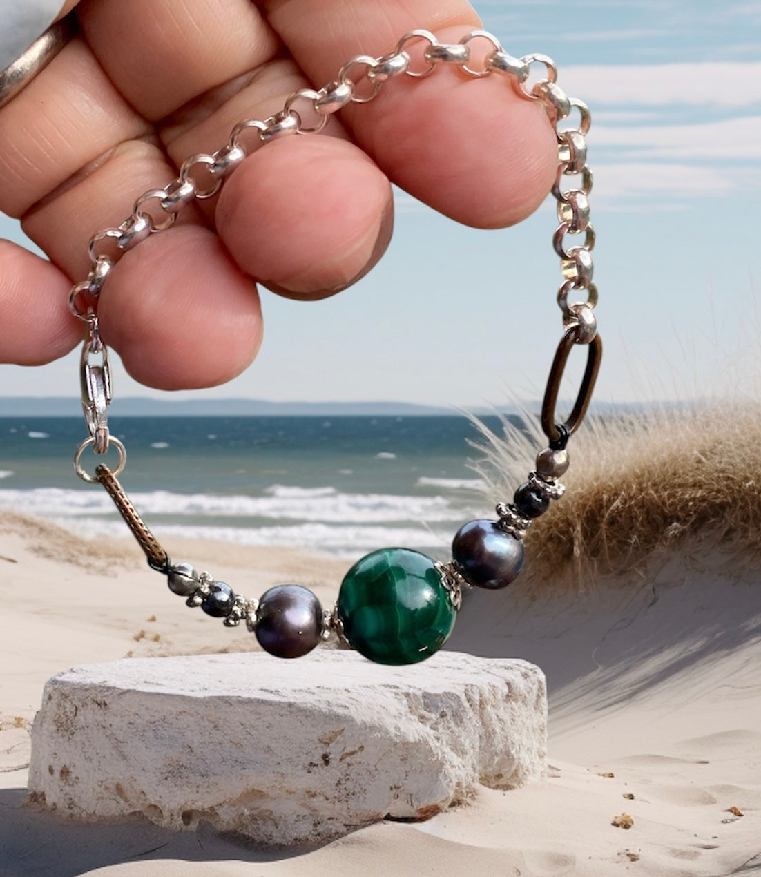 Handmade Malachite and Black Pearl Bracelet 925 Sterling Silver Chain Natural Stone Jewellery Australia Gift