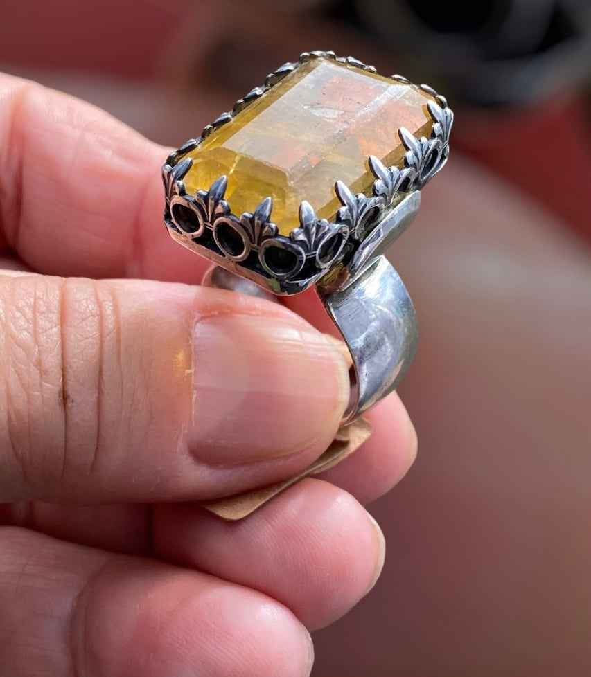 Flamboyant Natural Yellow Fluorite EMF Protection Cocktail Ring sold