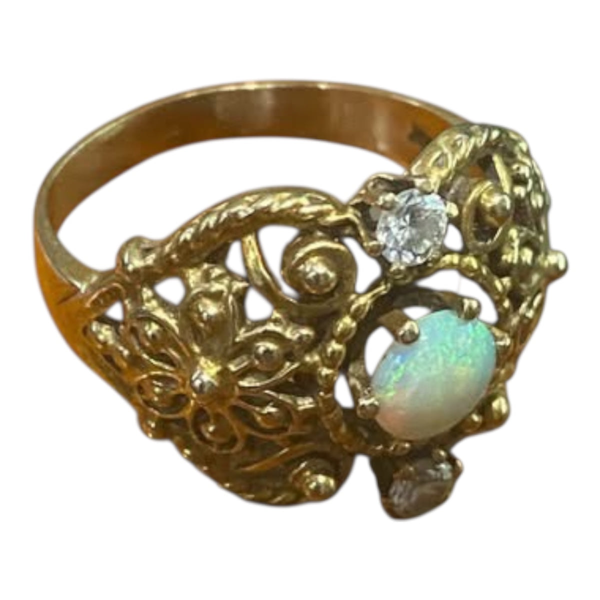Art Deco Solid Australian Opal & Diamond Ring – 14K Gold