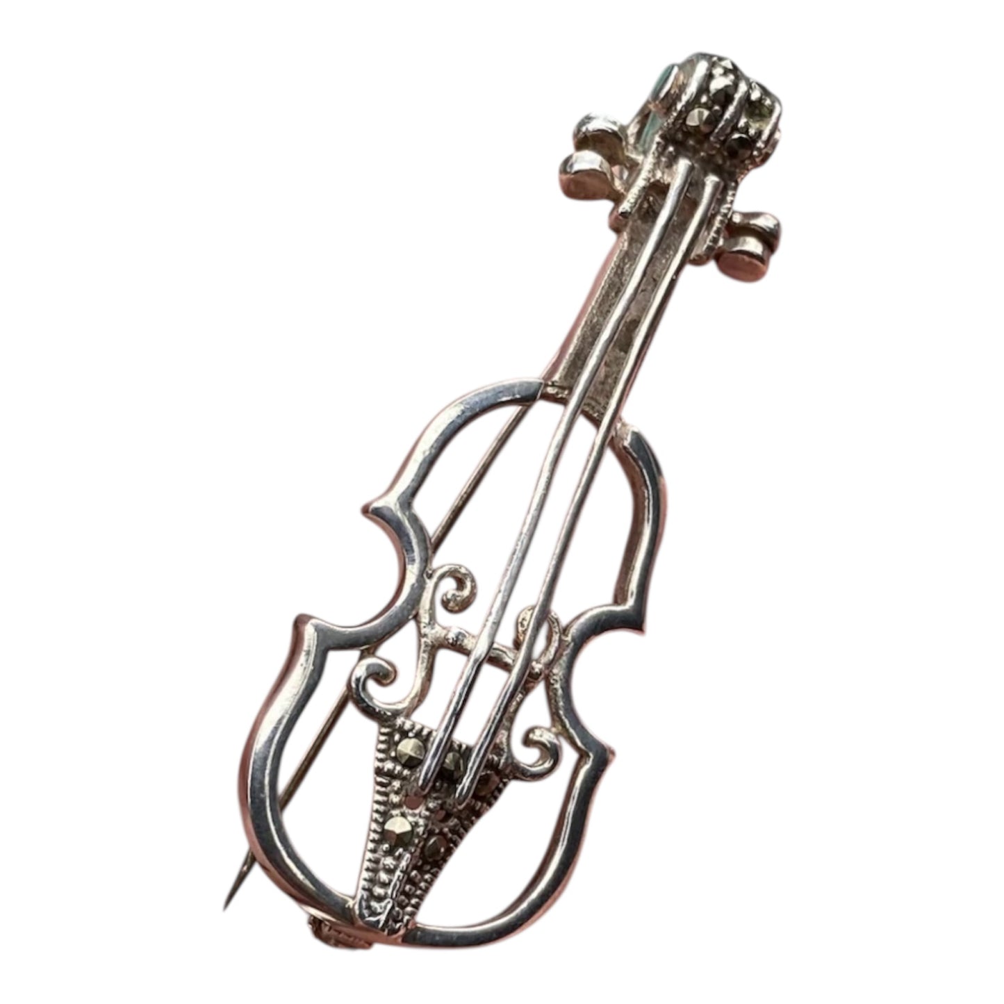 Antique Sterling Silver Violin Brooch with Marcasite 19th Century