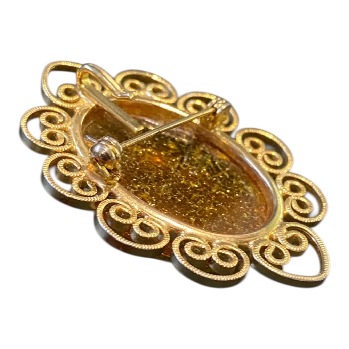 Vintage Large Amber Brooch Pendant 24x32mm Gold Tone Filigree | Statement Jewellery