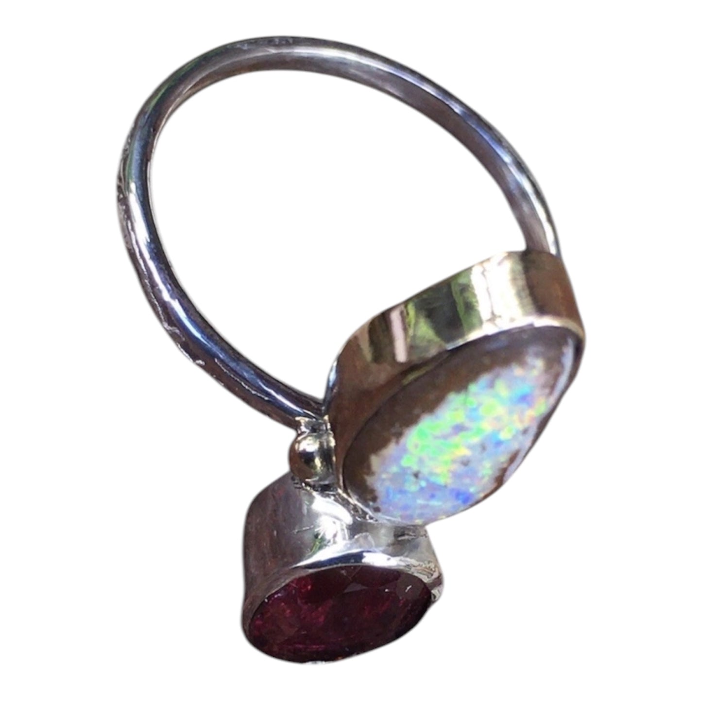 Rare Queensland Boulder Pipe Crystal Opal & Pink Rhodolite Garnet Ring Handmade 9k Gold & Sterling Silver
