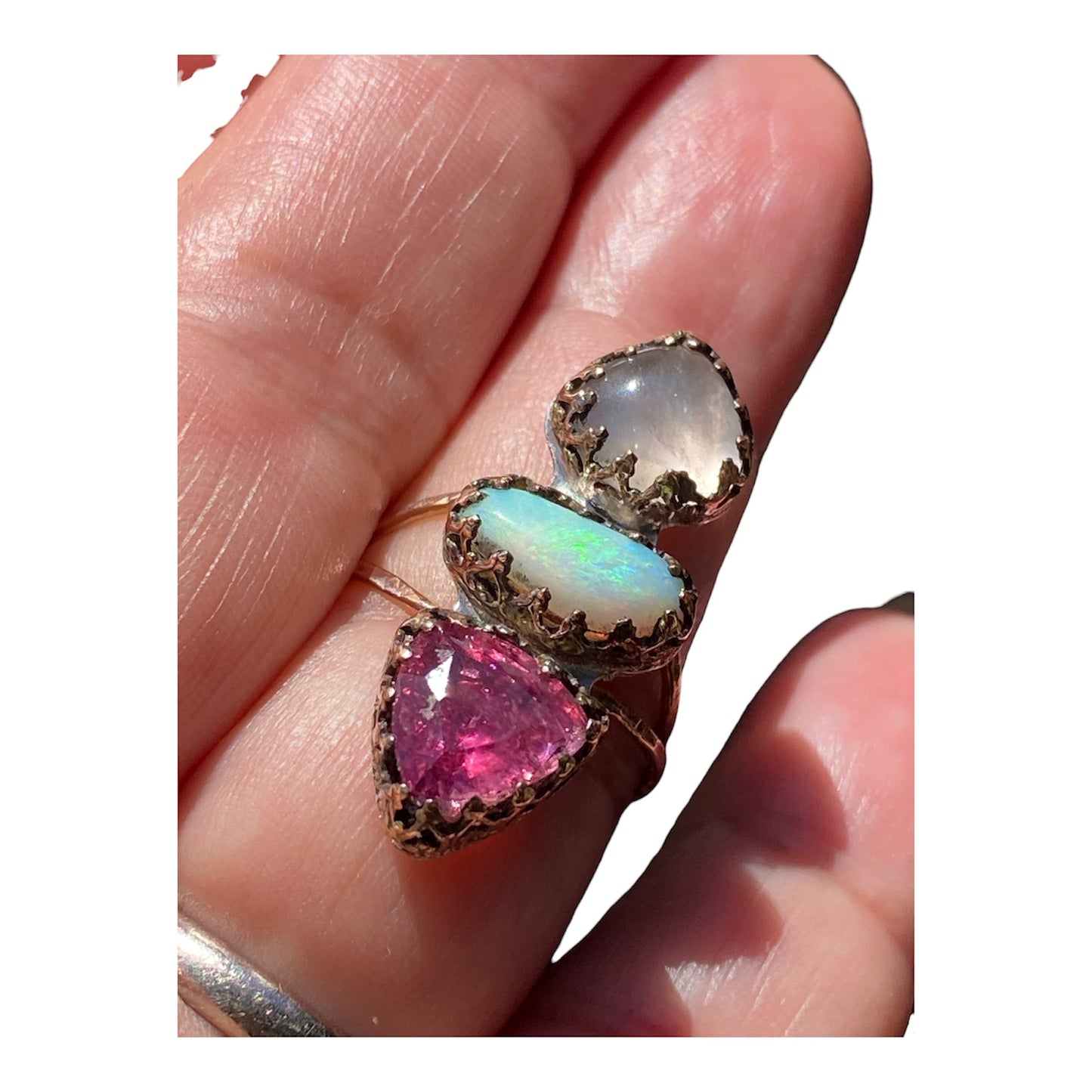 Triple Gemstone Ring Pink Tourmaline, Australian Opal & Rose Quartz 14K Gold