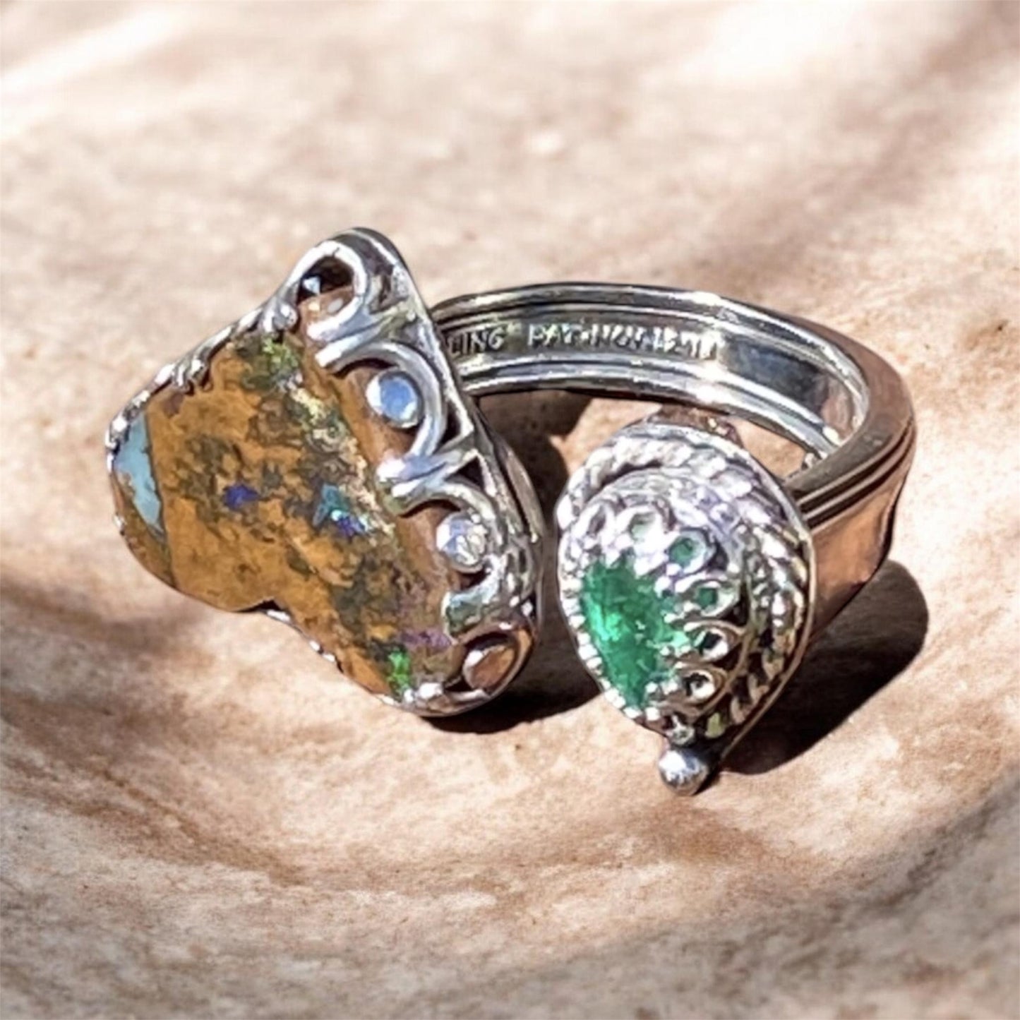 Australian Matrix Opal Heart Ring with Zambian Emerald in Sterling Silver Handmade Artisan Spoon Ring Size 8.5