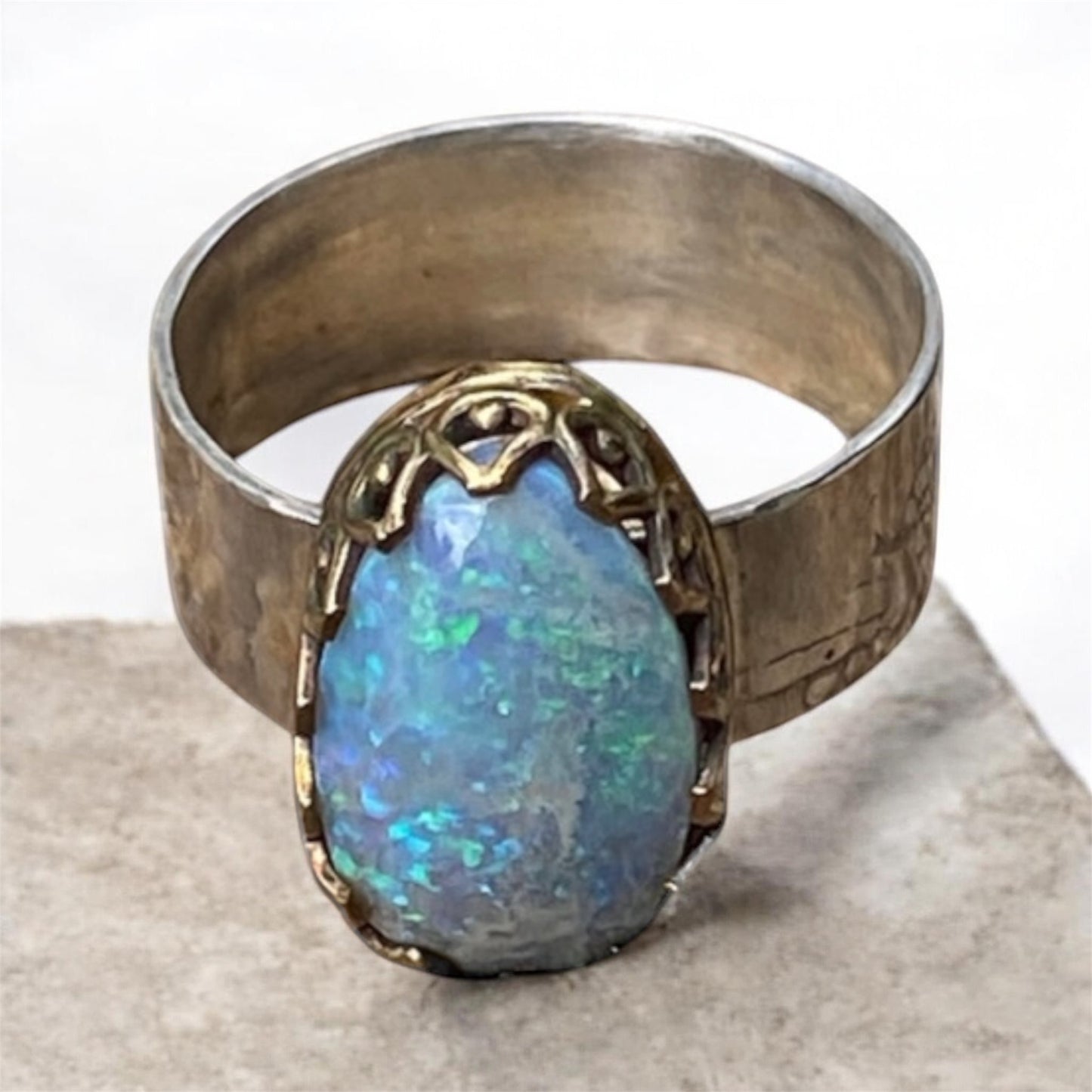 Lightning Ridge Opal Ring Handmade Sterling Silver & Gold, One of a Kind