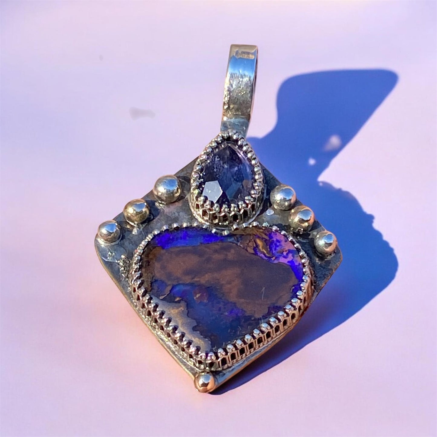 Winton Boulder Opal Heart Pendant Handmade Iolite 9k Gold Silver