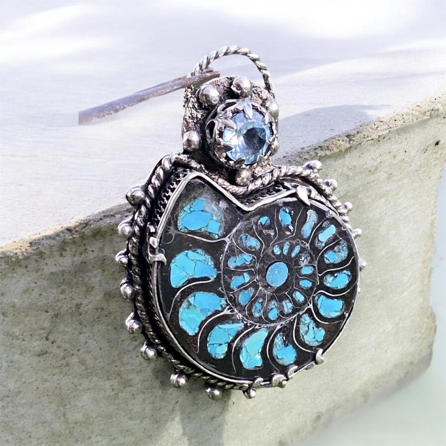 Handmade Ammonite Pendant Sterling Silver Turquoise Inlay Fossil One of a Kind SOLD