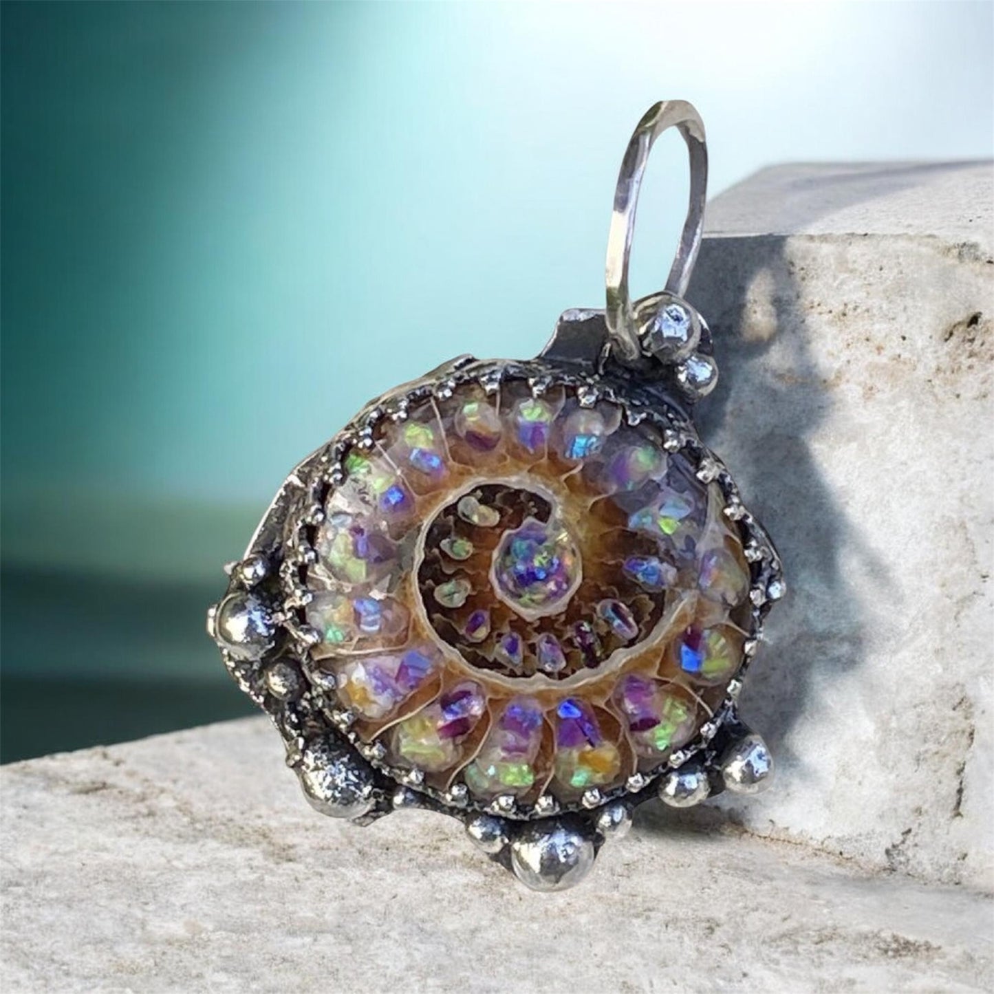 Round Ammonite Statement Sterling Silver Gemstone Inlay Artisan Pendant SOLD