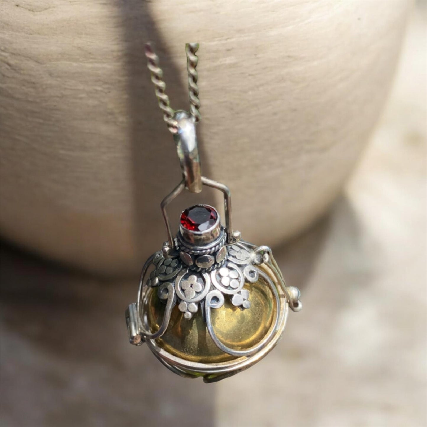 Sterling Silver Harmony Ball Pendant Chime Necklace Garnet Amethyst Blue Topaz