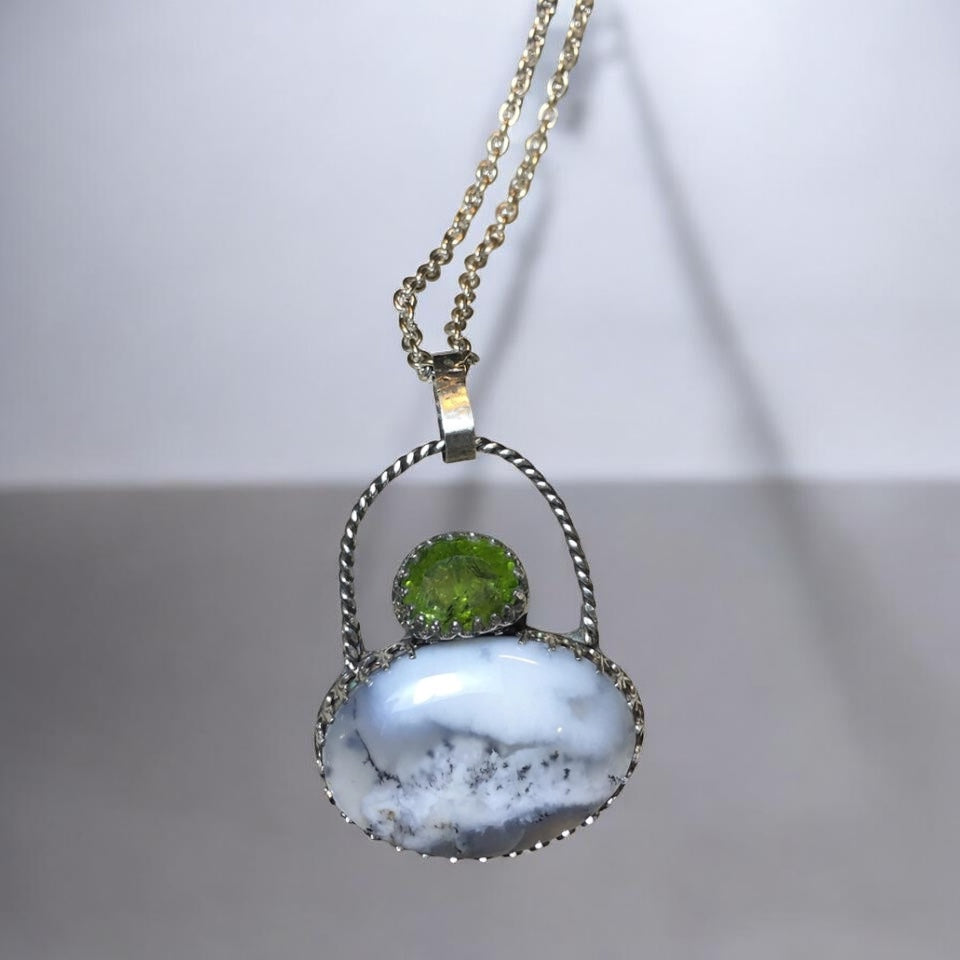 Handcrafted Dendritic Opal & Peridot Sterling Silver Pendant