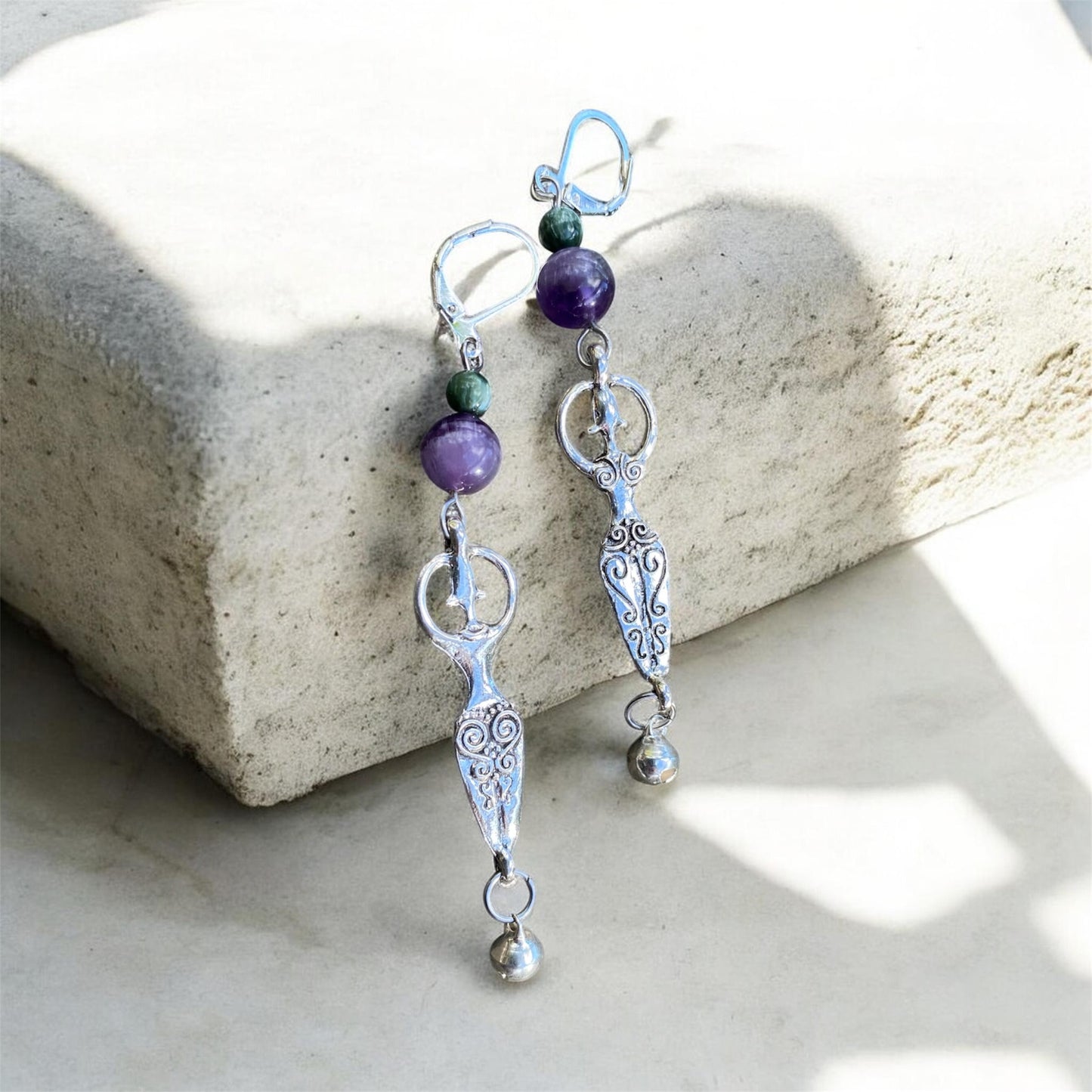 Chevron Amethyst & Seraphinite Goddess Earrings Sterling Silver