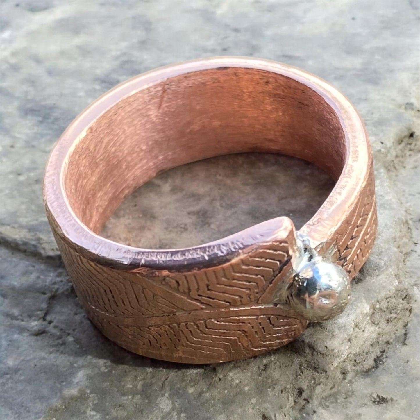Wave Textured Copper Ring with Sterling Silver Accent