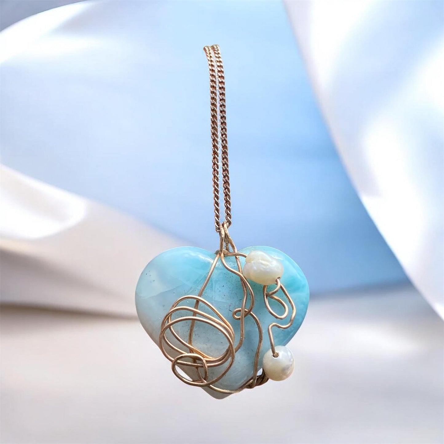 Natural Larimar Heart Pendant Hand Wrapped in Gold with Freshwater Pearls