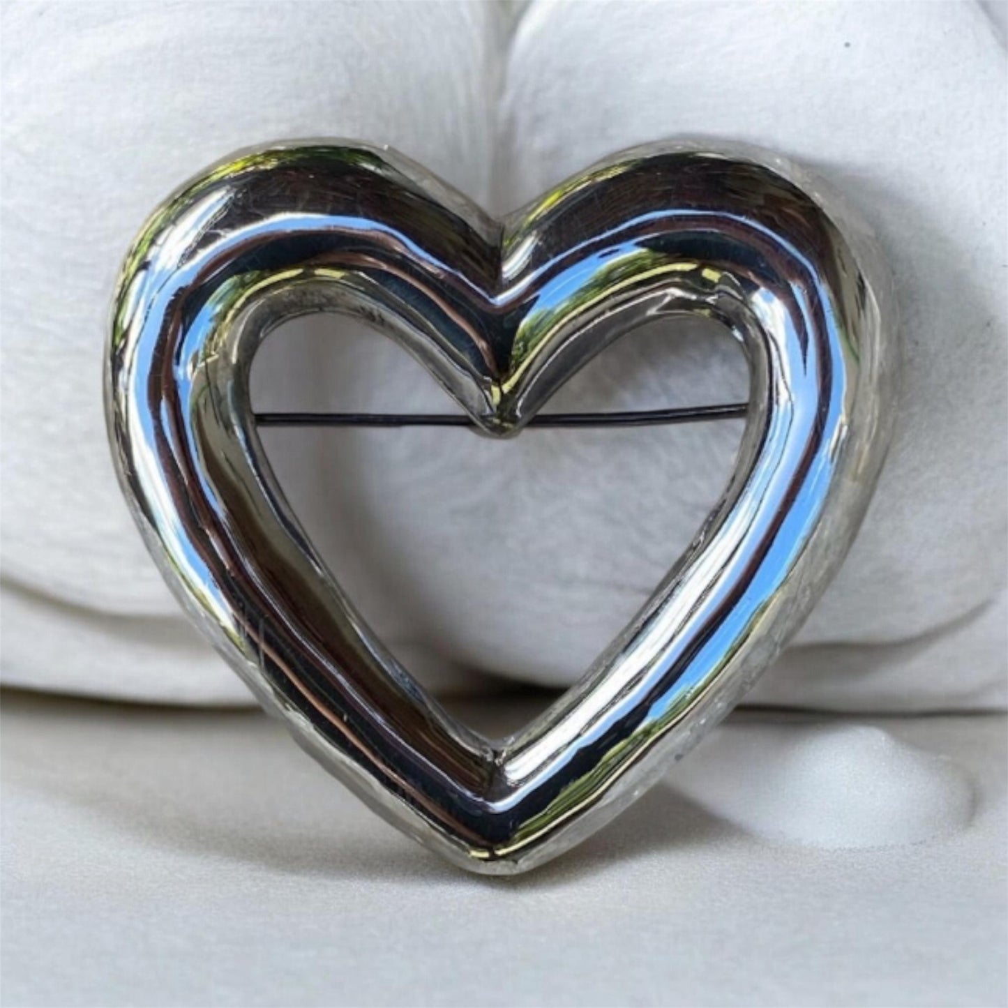 Vintage Sterling Silver Heart Brooch 925 Large Open Heart Pin Minimalist Jewellery Gift for Her