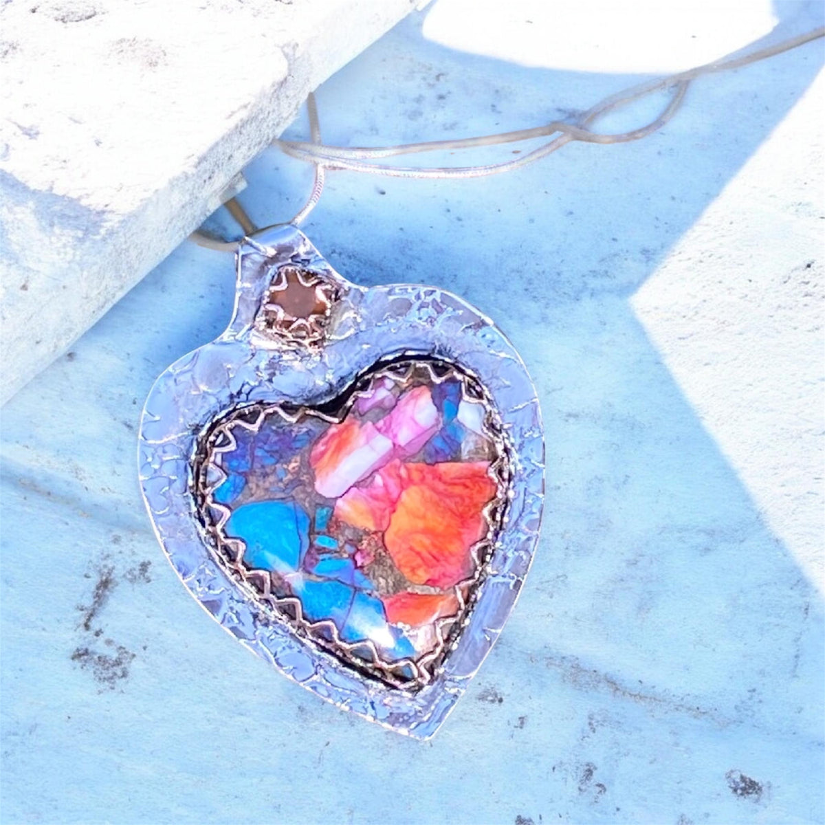 Orange Dahlia Composite Heart and Mexican Fire Opal Pendant