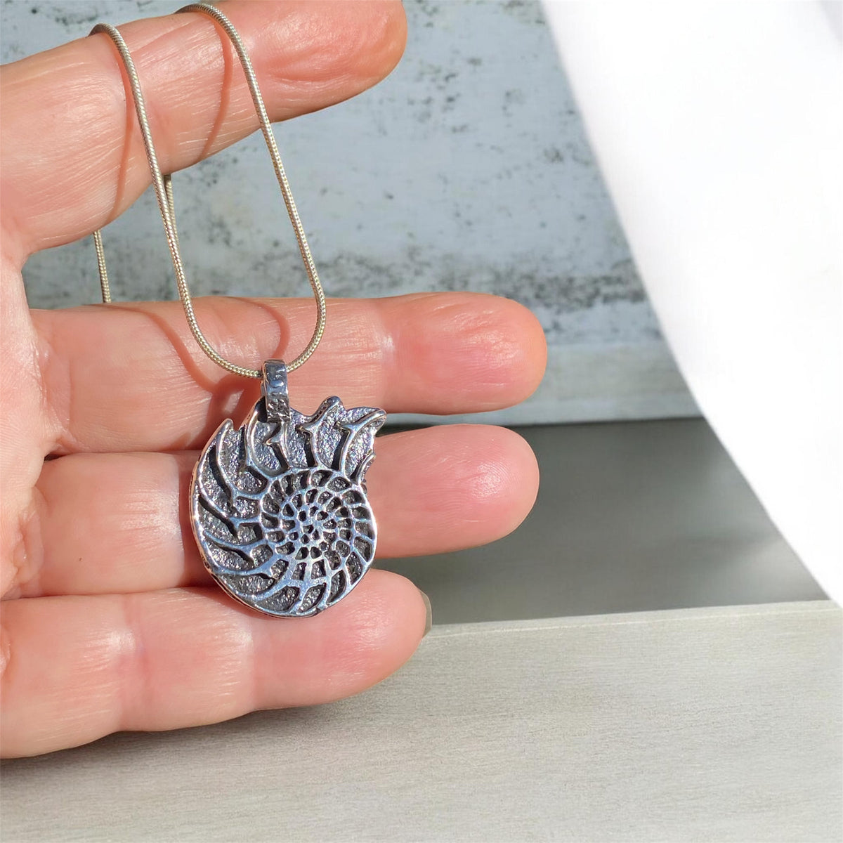 Sandcast Sterling Silver Ammonite Pendant with 45cm Chain