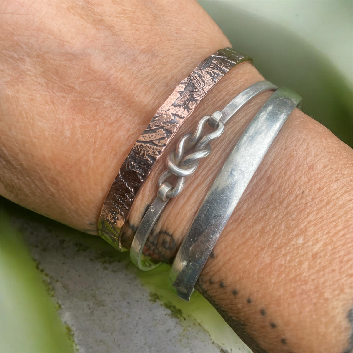 Handcrafted Copper Bangle with Mountain Texture and Western Designs
