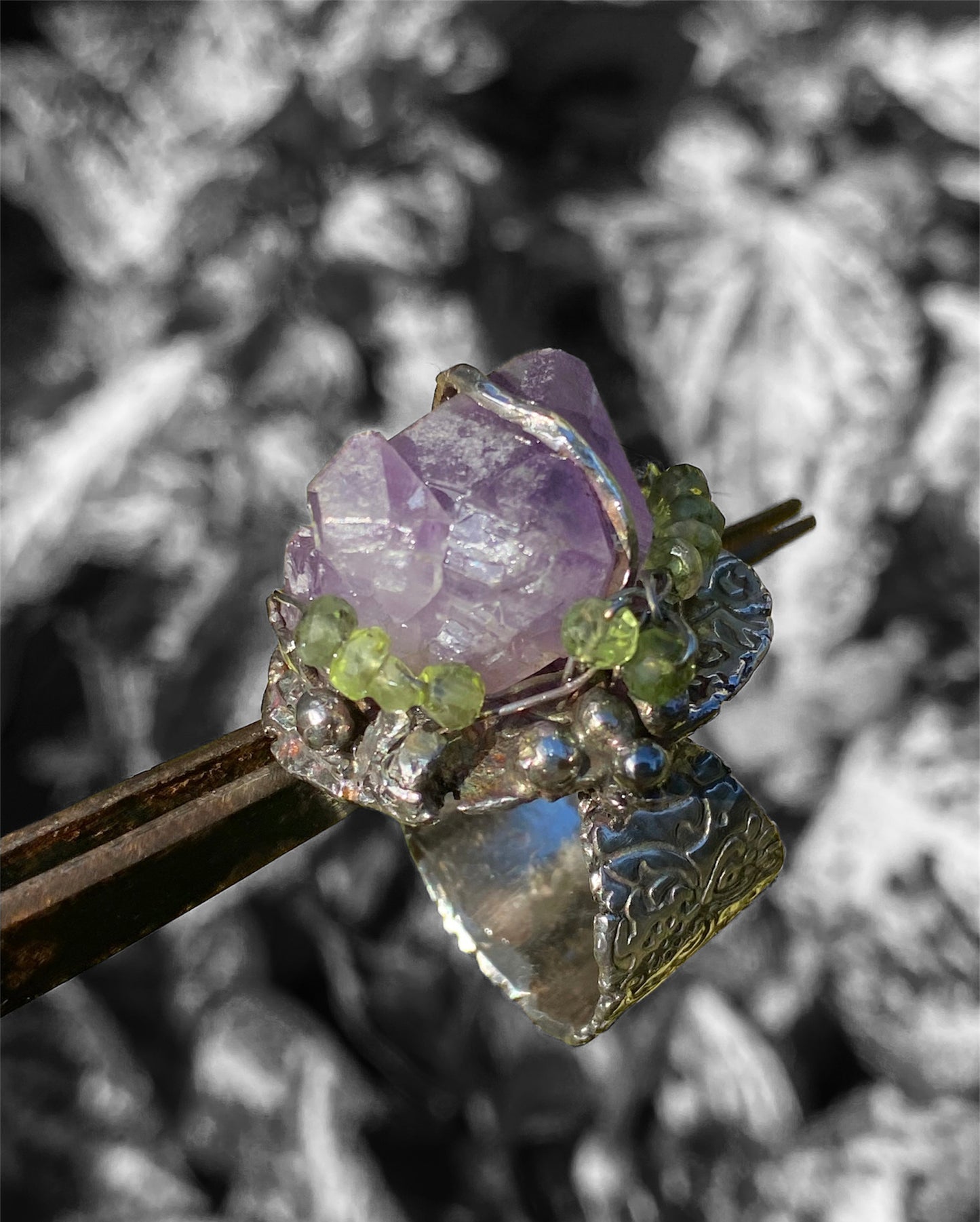 Handmade Raw Amethyst with Faceted Peridot Beads Brutalist Ring