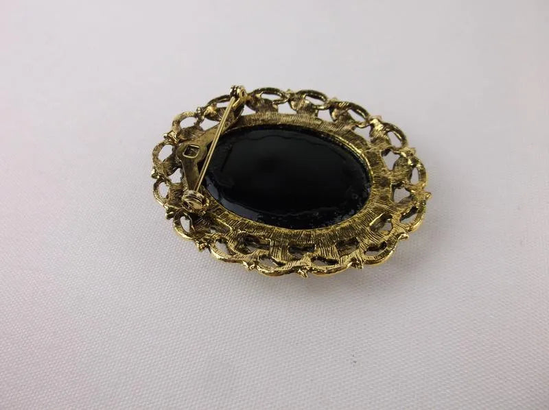 Vintage 20th Century French Jet Black Glass Cameo Brooch