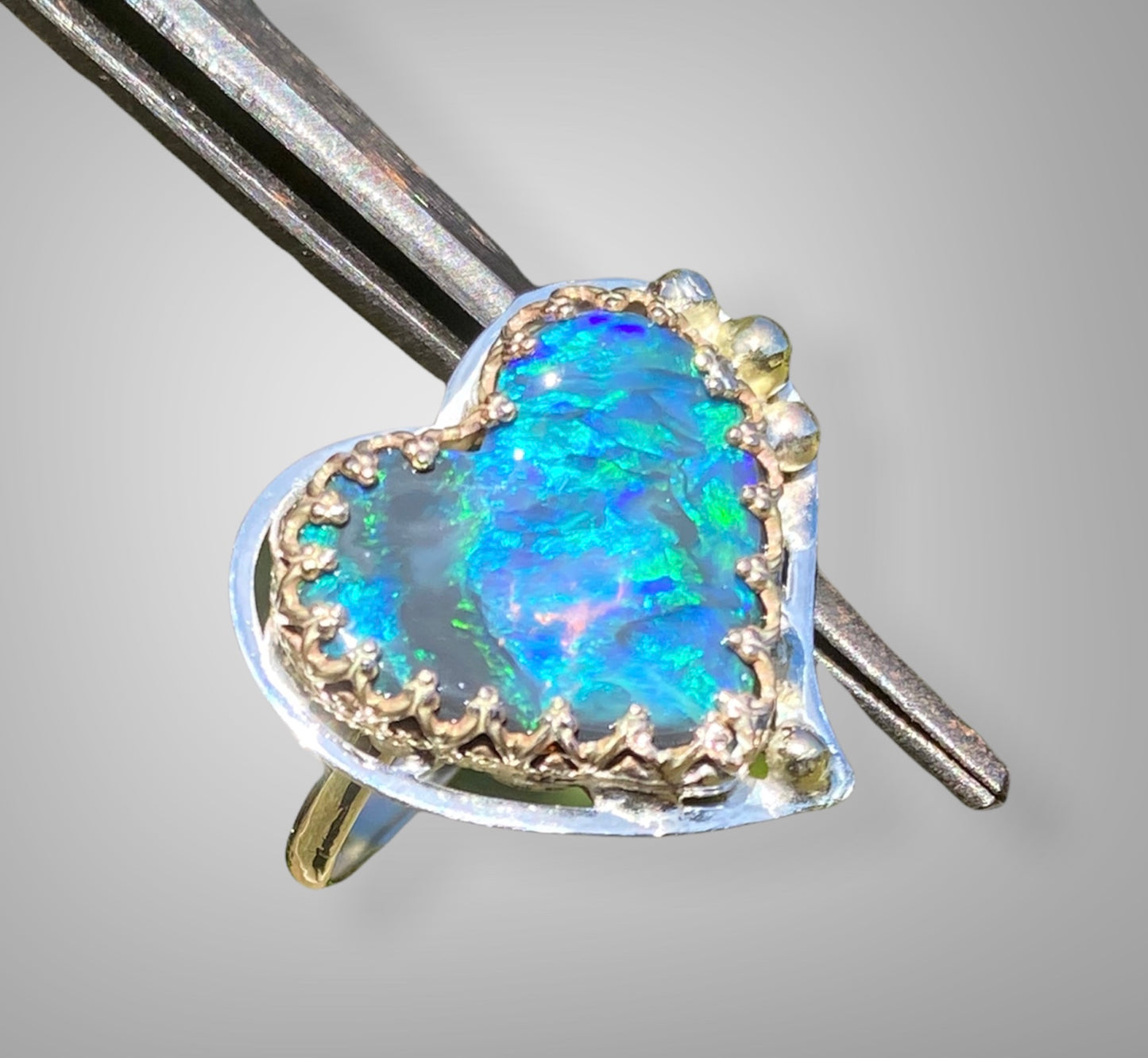 Lightning Ridge Black Opal Heart Ring 3.55ct Solid Opal 9K Gold Handmade