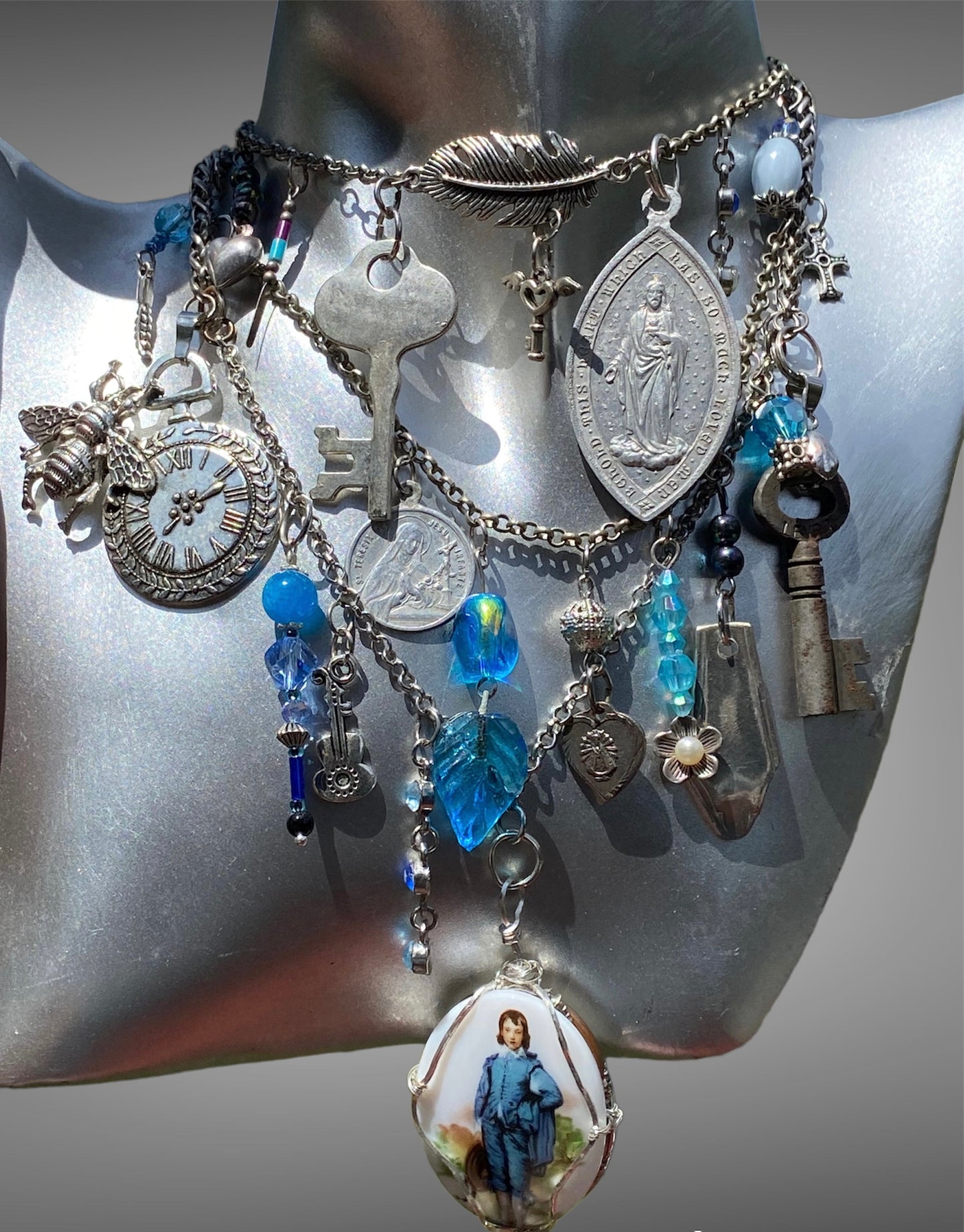 Blue Boy Altered Art Assemblage Necklace Pendant