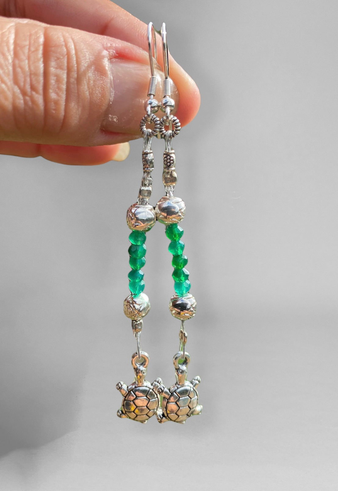 Green Onyx Bead & Turtle Earrings