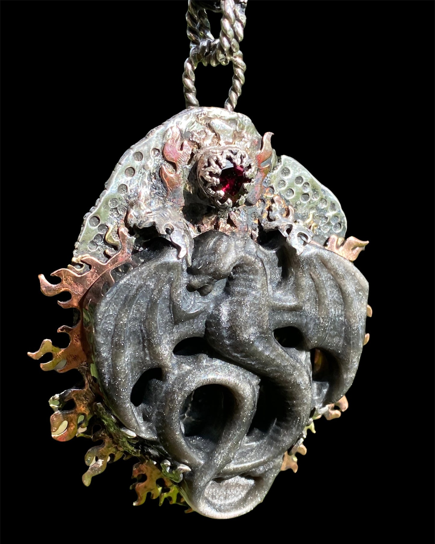 Handmade Golden Sheen Obsidian Dragon Carving Pendant with Heart Garnet