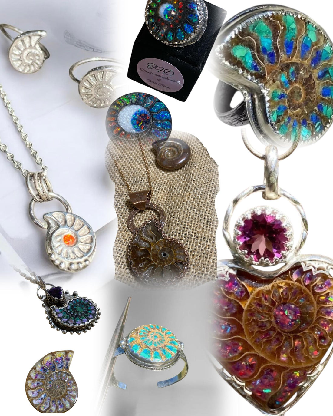 Handcrafted Ammonite fossil jewellery with gemstone inlays set in sterling silver on the Sunshine Coast.