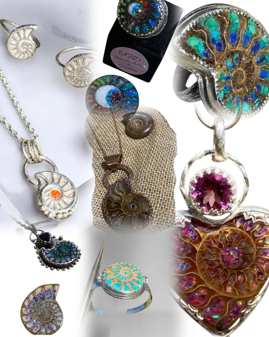 Handcrafted Ammonite fossil jewellery with gemstone inlays set in sterling silver on the Sunshine Coast.