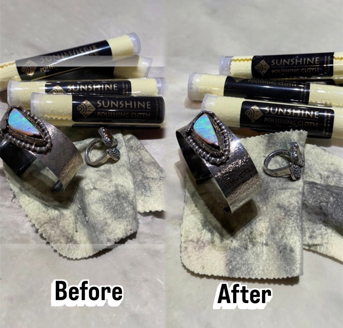 Before and after cleaning tarnished sterling silver jewellery with a Sunshine polishing cloth