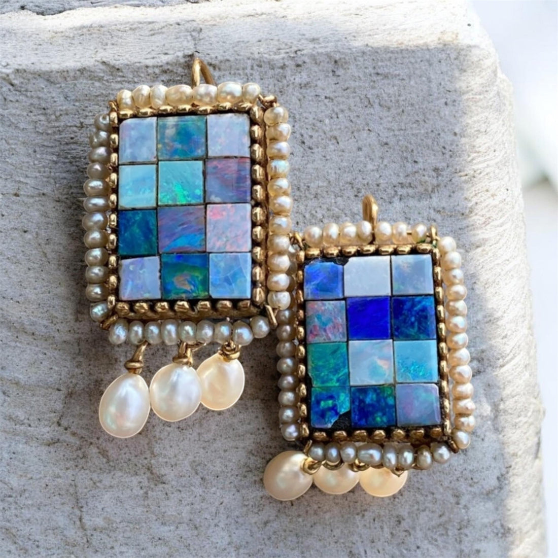 Estate vintage opal mosaic earrings with seed pearls and gold setting from the TFD Jewellery curated antique jewellery collection.