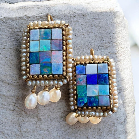 Estate vintage opal mosaic earrings with seed pearls and gold setting from the TFD Jewellery curated antique jewellery collection.