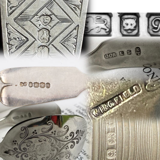 Vintage silverware hallmarks and maker's marks on antique sterling silver spoons and forks used in handcrafted jewellery.